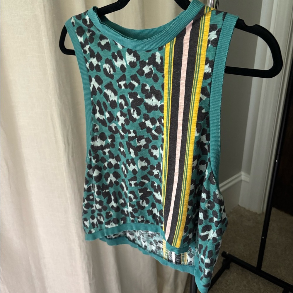 Free people movement Teal Leopard Print  Tee with Yellow Stripes
